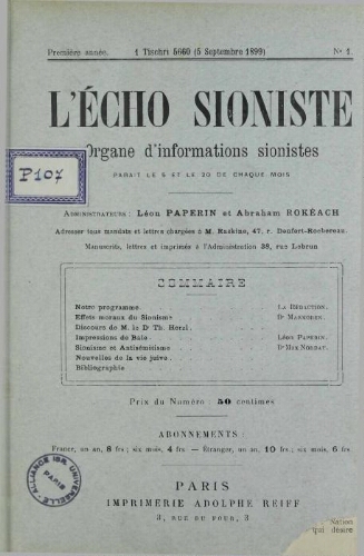 L'Echo Sioniste. Vol. 1 n° 1 (5 septembre 1899)